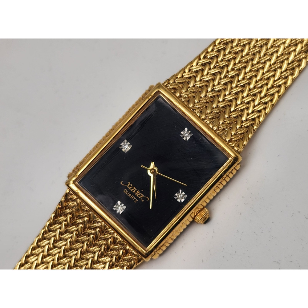 Xavier Womens Watch 25mm Black Dial Crystal Markers Gold Mesh - New Battery